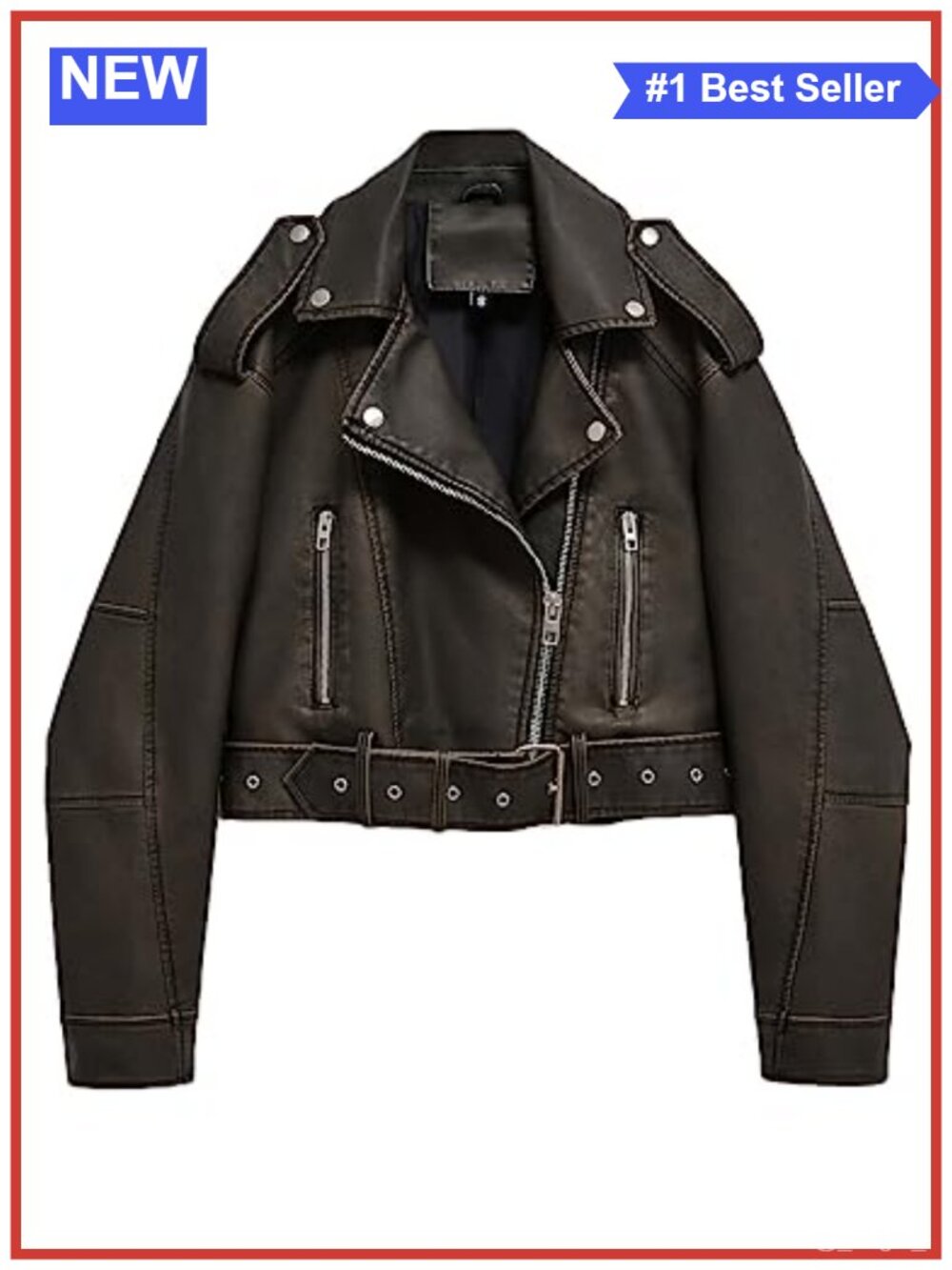 Faux Leather Cropped Biker Jacket Lapel Zipper Short Coat with Belt